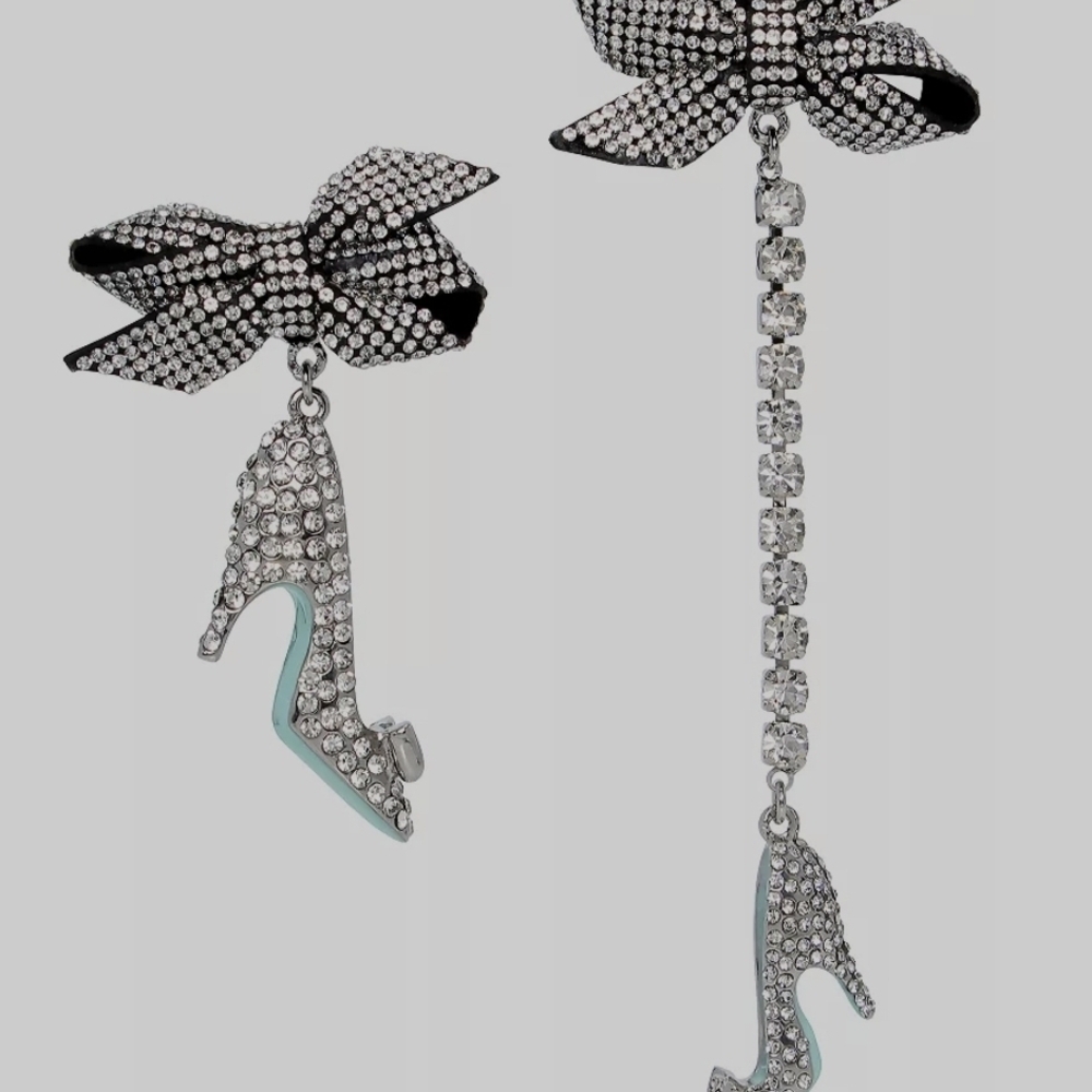 Betsey Johnson  High Heel Shoes Bows Rhinestone Mismatch Drop Earrings NWT